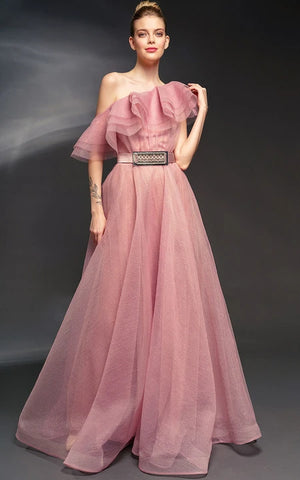 Asymmetrical Off-the-shoulder A-line Tulle Dress with Tiers