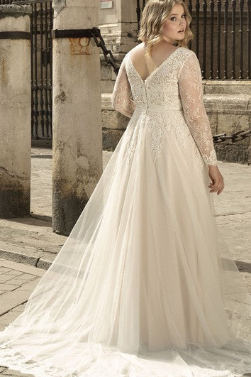 Simple V-neck A Line Wedding Dress with Appliques and Train