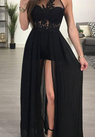 Šifonové dlouhé šaty do A bez rukávů s rozparkem vpředu, moderní formální model