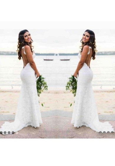 Bohemian Beach Sexy Spaghetti Straps Vestido de novia de encaje sin espalda