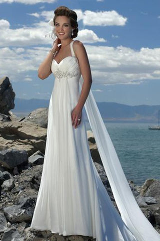 Empire Waist Spaghetti Straps Brush Train Chiffon Beach Wedding Dress