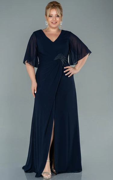 Elegant Half-sleeve V-neck Empire Chiffon Slit Front Draped Plus Size Mother of Bride Dress