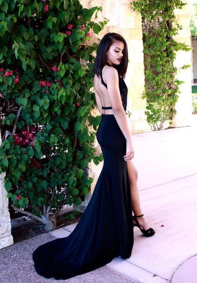 Sexy Black Halter Sleeveless 2022 Prom Dresses Slit Appliques