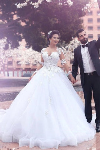 V-neck Ball Gown Floor-length Court Train Long Sleeve Tulle Wedding Dress with Zipper Illusion Back