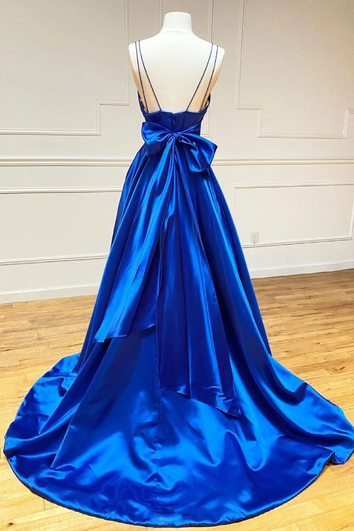 Romantické bezrukávové saténové formální šaty s dlouhou sukní do podlahy, áčkovým střihem, ramínky a mašlí