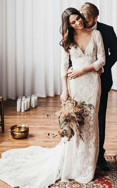 V-Neck 3-4 Sleeve Gheath فستان زفاف من الدانتيل عتيقة مع قطار المحكمة