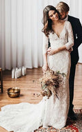 V-Neck 3-4 Sleeve Gheath فستان زفاف من الدانتيل عتيقة مع قطار المحكمة