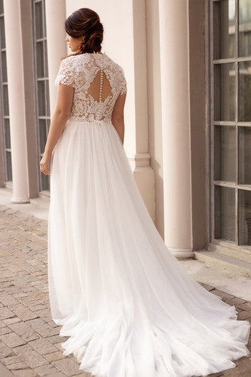 Casual A Line Bateau Lace Court Train Wedding Dress with Ruching