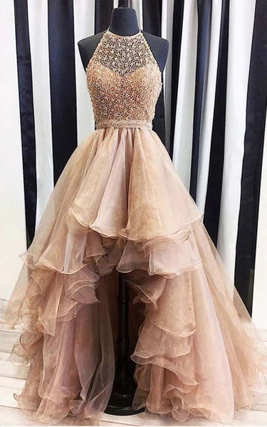 Champagne Spaghetti High-low Empire Tulle Ruffled Prom Dress with Beaded Top