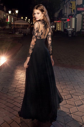 A-Line High Neck Long Sleeve Lace Chiffon Illusion Dress With Appliques