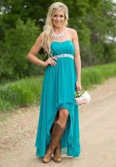 A-Linien-Brautjungfernkleid mit Herzausschnitt, High-Low-Ausschnitt, ärmellos, Chiffon, mit Reißverschluss hinten