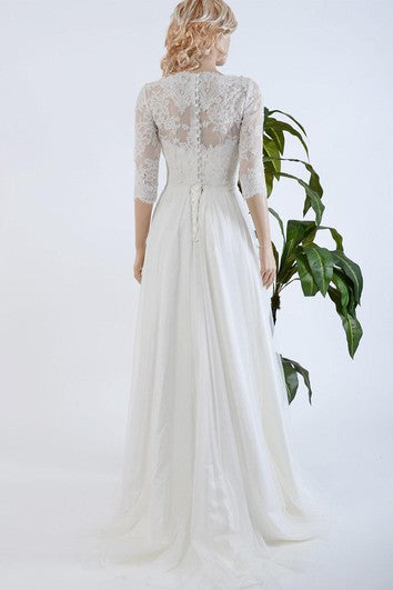 3-4 Length Sleeve Tulle and Lace Wedding Dress