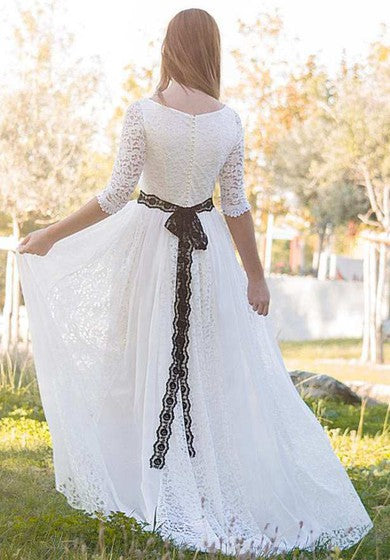 Bateau Lace Half Sleeve Pleated Wedding Dress With Lace Ribbon