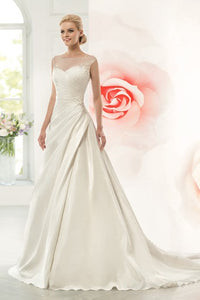 A-Line Maxi Scoop Cap-Sleeve Illusion Satin Dress With Side Draping And Beading