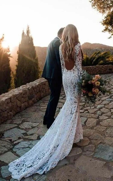 Country Lace Long Sleeve Plunged Sheath Backless Wedding Dress with Court Train