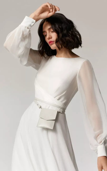 Vestido de boda de la vaina del imperio de manga larga de la manga larga con la espalda de bajo V