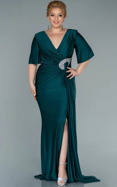 Charming V-neck Half-sleeve Sheath Mermaid Ruched Front Split Plus Size Evning Dress