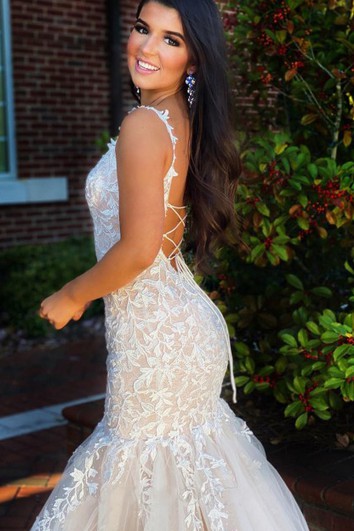 Sexy krajkové tylové mořské šaty na ramínka bez rukávů na ples s aplikacemi a pásky