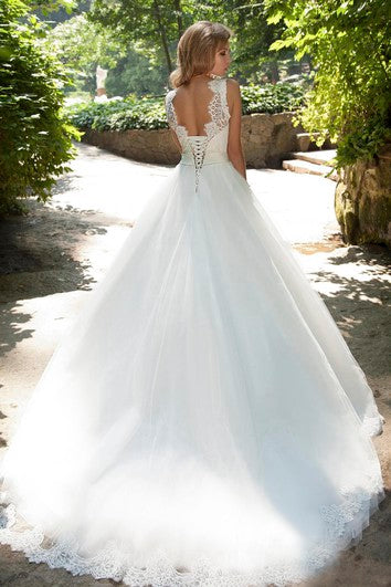 Ball Gown Long Bateau Sleeveless Low-V-Back Tulle Dress With Lace And Waist Jewellery