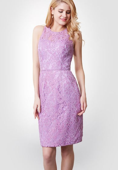 Sleeveless Jewel Neck Short Lace Dress With Keyhole Back