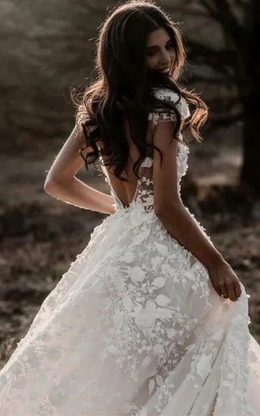 Country Cap Plunged Keyhole Empire A-line Boho Lace Applique Wedding Dress