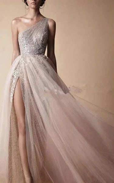 Asymmetrical Grey Sleeveless Beaded Front Split Tulle Evening Prom Dress