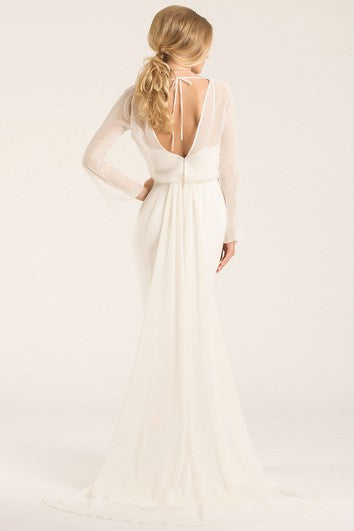 Scoop Floor-Length Long-Sleeve Chiffon Wedding Dress With Watteau Train And V Back