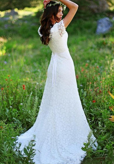 Paese vintage modesto abito da sposa in pizzo bohémien a maniche corte con cintura di perline