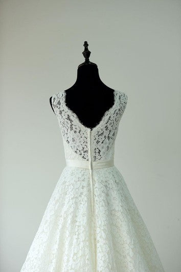 Sleeveless A-Line Tea Length Lace Dress With Low-V Back and Satin Sash