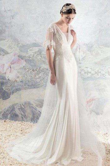 Robe de mariée bohème à manches mi-longues, col en V, dos nu, en dentelle et tulle