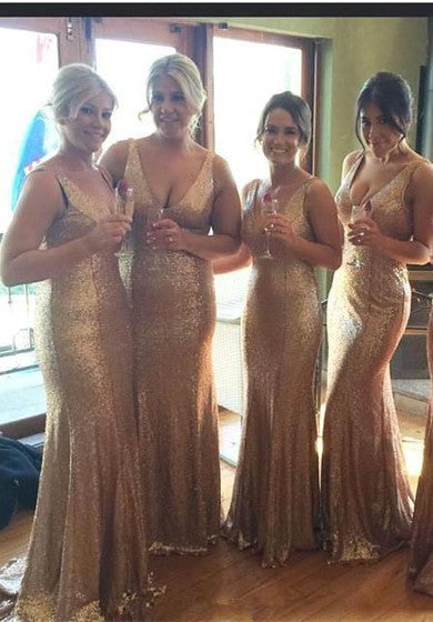 Stunnning V-Neck Sequins Gold Bridesmaid Dresses 2018 Plus Size Long Floor Length