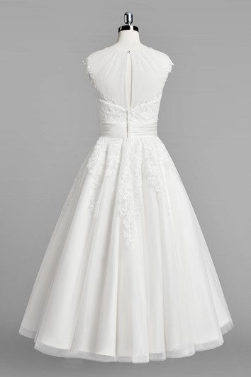 Jewel Neck Cap Sleeve A-Line Lace Wedding Dress With Ruched Belt