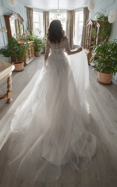 Plus Size Illusion 3-4-sleeve A-line Ball Gown V-neck Wedding Dress with Sweep Train