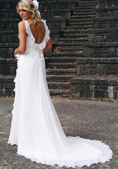 Elegant V-neck Chiffon Ruffles Sleeveless Wedding Dress Bridal Gowns