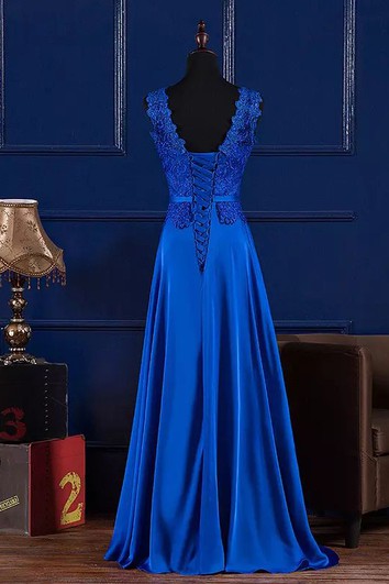 Jewel A-line Floor-length Sleeveless Satin Lace Bridesmaid Dress with Lace-up Back