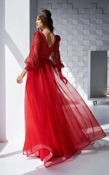 Long Sleeve Plunged Chiffon Red Front Split Dress with Beaded top