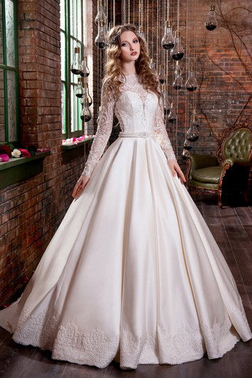 Ball Gown Long Jewel Long-Sleeve Illusion Satin Dress With Appliques And Waist Jewellery