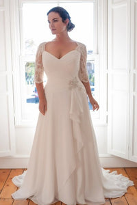 A-Line Floor-Length V-Neck Half Sleeve Chiffon Sweep Train Lace Dress