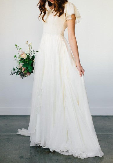 Flowy Beach Short Sleeves Beaded Belt Temple Chiffon Modest Wedding Dress