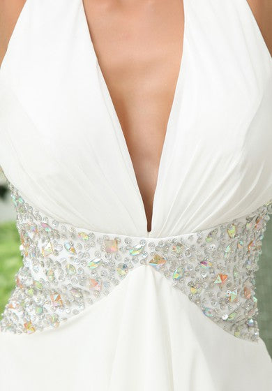 Šaty z šifónu s hlubokým výstřihem do V, korálkováním a volánkovým lemem