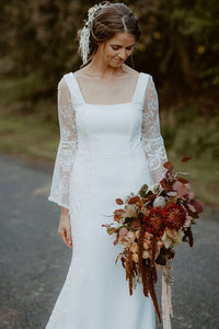 Casual Sheath Square Floor-length 3/4 Length Sleeve Lace Wedding Dress with Appliques