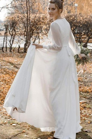 Elegant A Line Chiffon V-neck Wedding Dress with Sash and Split Front