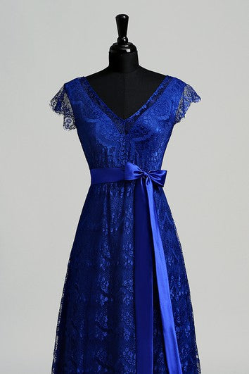 A-line V-neck Cap Short Sleeve Floor-length Lace Dress with Sweep/Brush Train