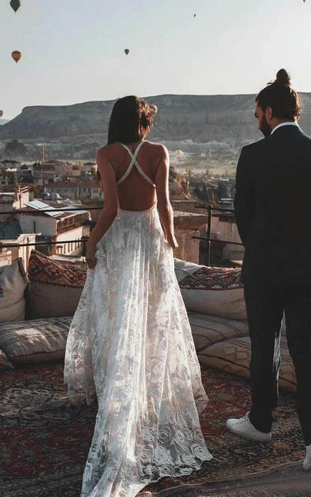 SPAGHETTI sexy sexy frontalta senza maniche in pizzo in pizzo abito da sposa in pizzo