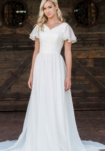 Casual V-neck Chiffon A Line Floor-length Brush Train Short Sleeve Wedding Dress with Ruffles