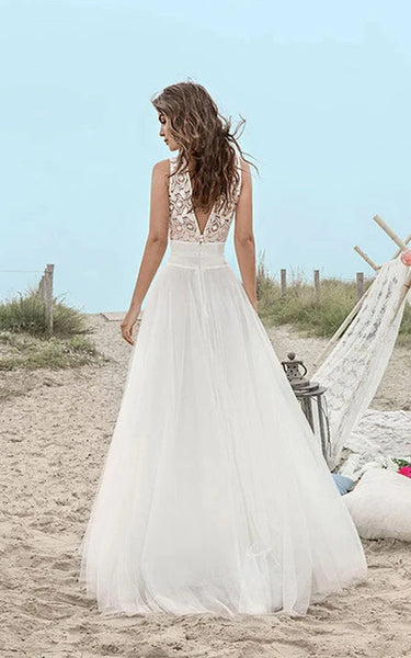 Beach V-neck A-line Tulle Destination Wedding Dress with Lace Top