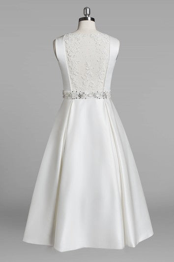 Jewel Neck Sleeveless A-Line Tea-Length Satin Wedding Dress With Beading