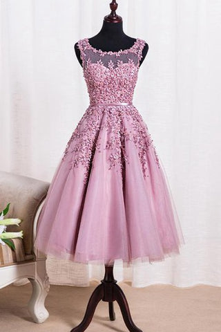 Elegant Scoop Tea Length Dress With Applique Pearls