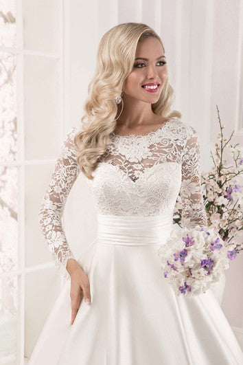 Lace Top Long Sleeve Floor Length Satin Applique Dress