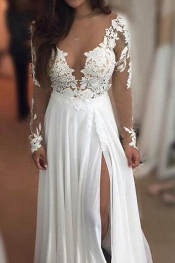 Robe trapèze en mousseline de soie et dentelle à col en V et manches longues avec fermeture éclair